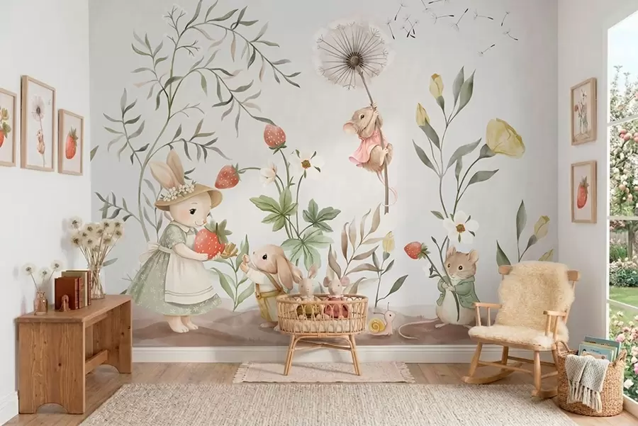 Papier peint photo Illustration pour enfants représentant un lapin et une souris parmi des plantes et des fleurs w05422