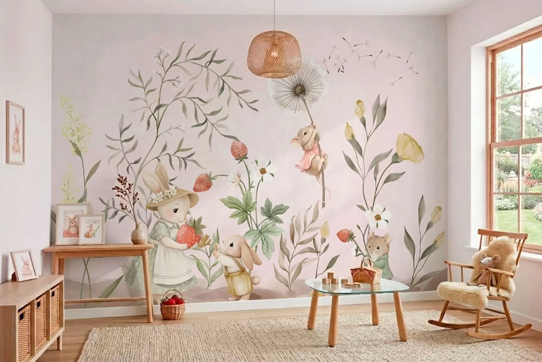 Fotobehang Illustratie van dieren met aardbeien op een zachtroze achtergrond w05422v1