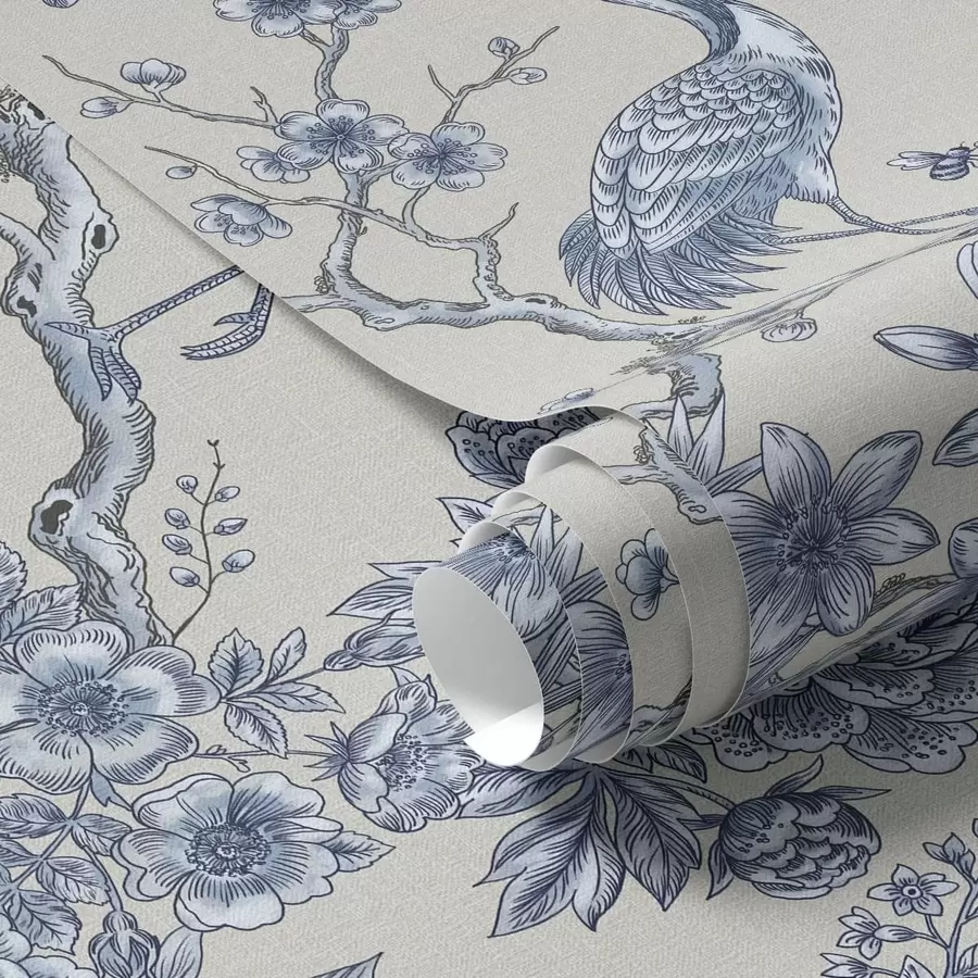 Papier peint photo Ornement floral bleu avec un oiseau et des branches a01132