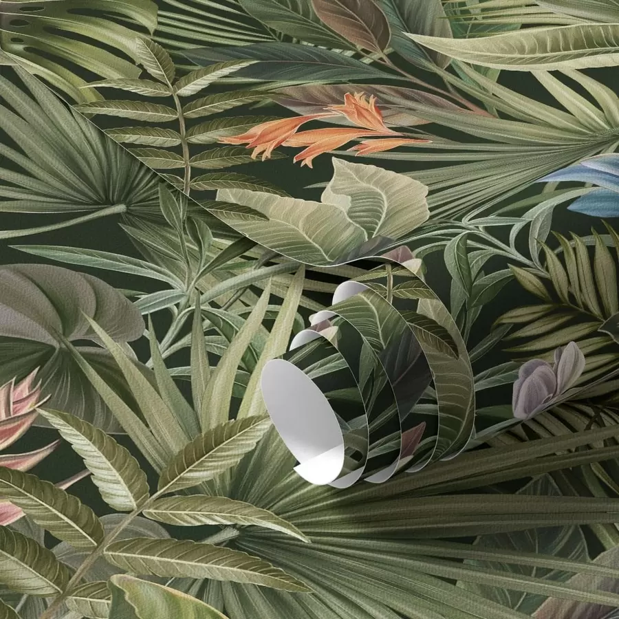 Papier peint photo Feuilles tropicales et fleurs sur fond sombre a01153