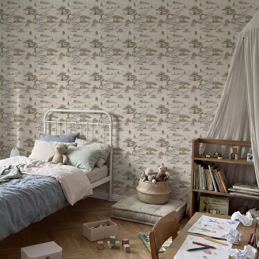 Fotobehang Natuurillustratie met dieren en een rivier a01157