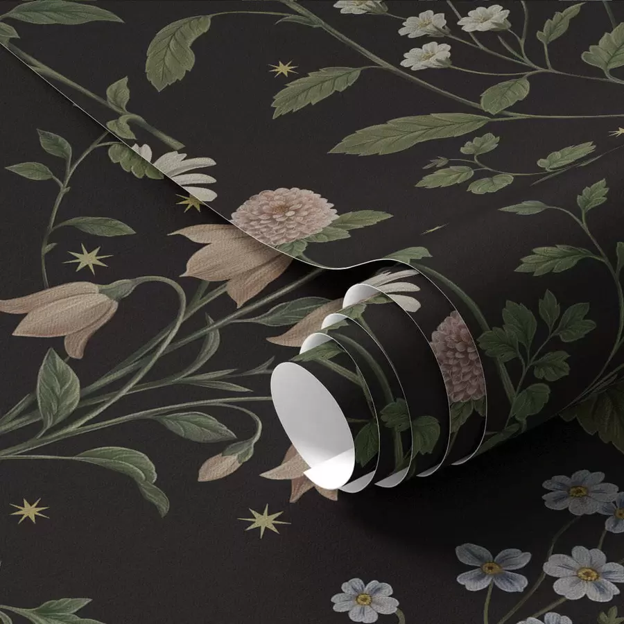 Papier peint photo Motif floral sur fond noir avec des étoiles a01160