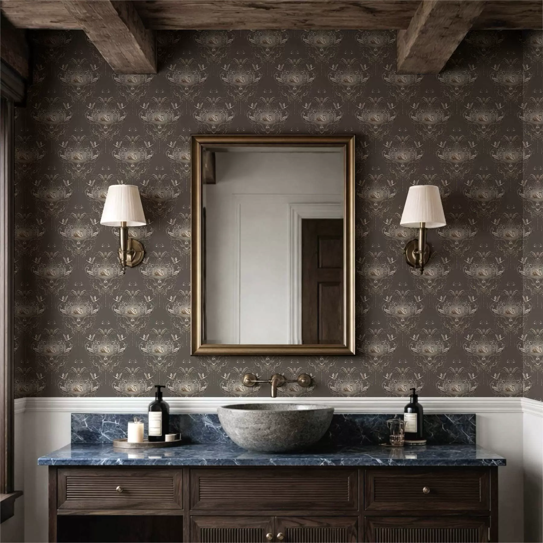 Fotobehang Sieraad met zwanen en vogels in klassieke stijl a01161