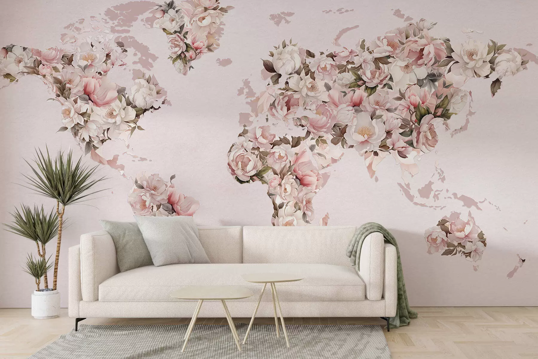 Fotobehang Een roze wereldkaart gemaakt van grote witte en roze pioenrozen c00005