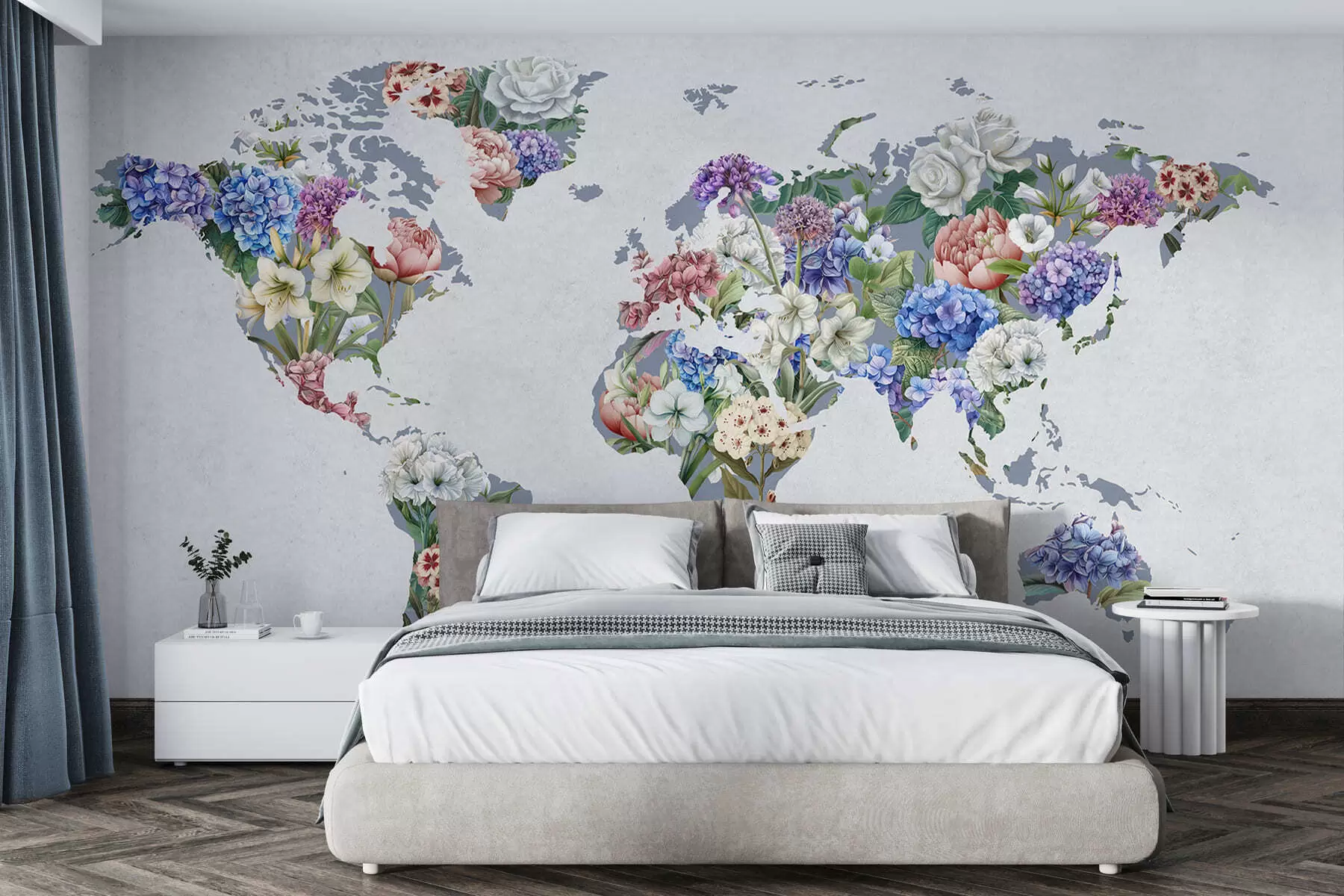 Fotobehang Een kleurrijke wereldkaart gemaakt van allerlei levendige bloemen c00006