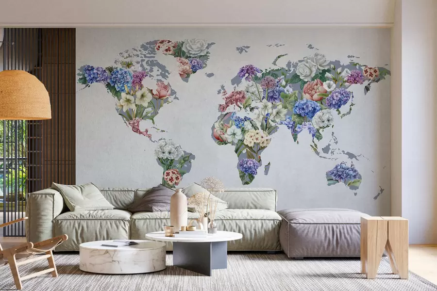 Fotobehang Een kleurrijke wereldkaart gemaakt van allerlei levendige bloemen c00006