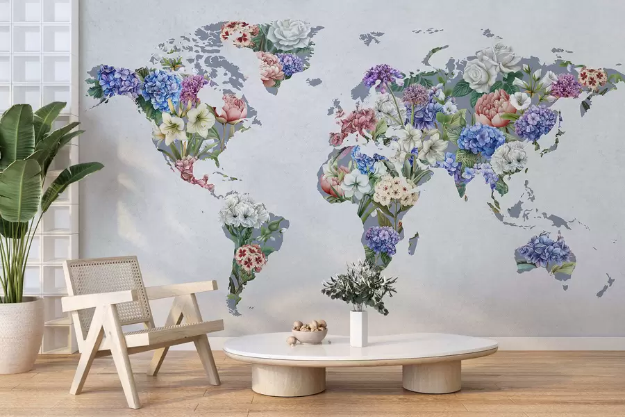 Fotobehang Een kleurrijke wereldkaart gemaakt van allerlei levendige bloemen c00006