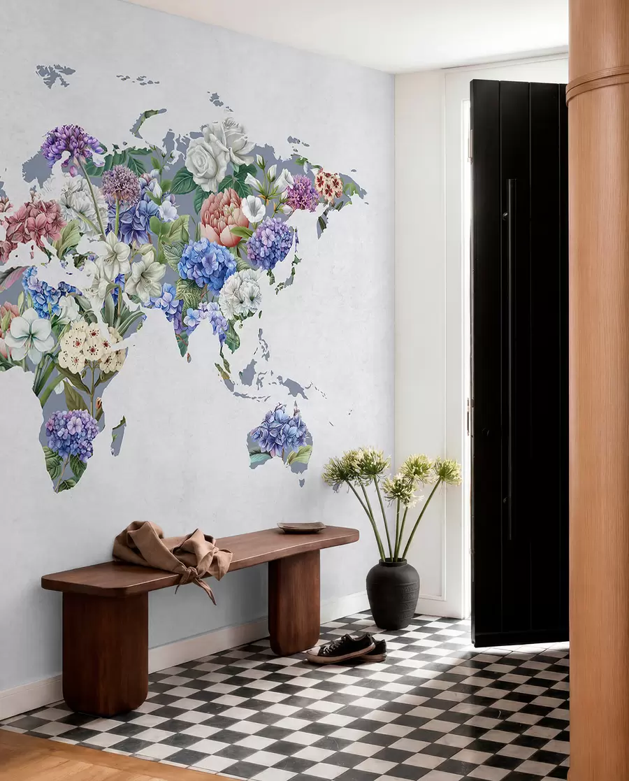Fotobehang Een kleurrijke wereldkaart gemaakt van allerlei levendige bloemen c00006