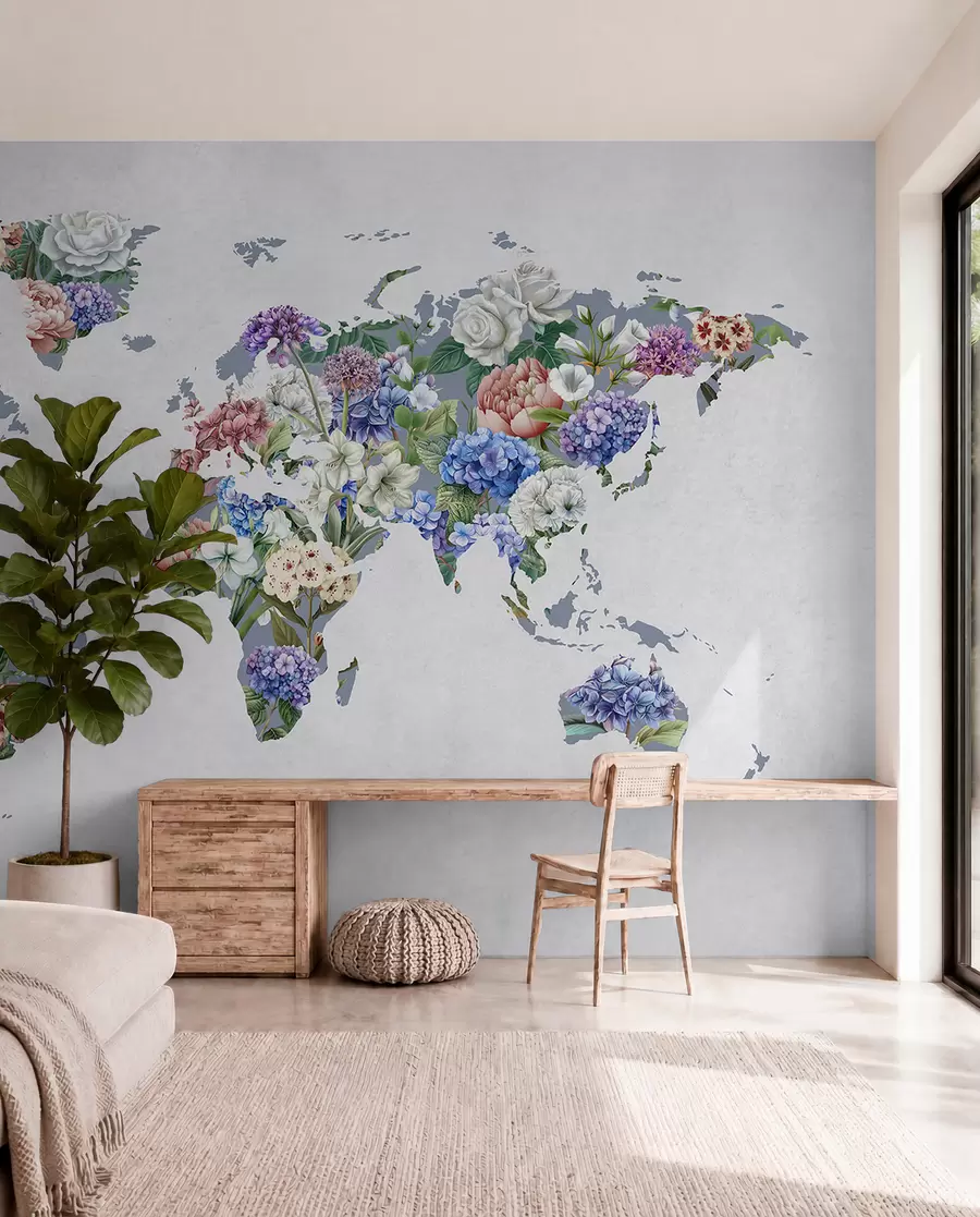 Fotobehang Een kleurrijke wereldkaart gemaakt van allerlei levendige bloemen c00006