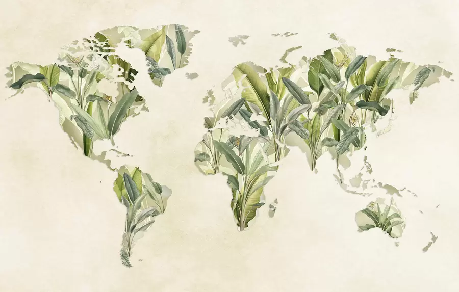 Fotobehang Een groene wereldkaart gemaakt van bananenbladeren c00007