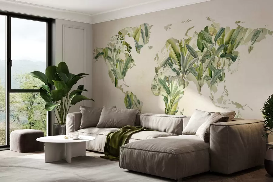 Fotobehang Een groene wereldkaart gemaakt van bananenbladeren c00007