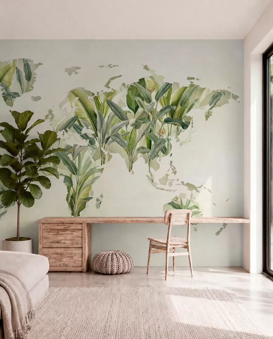 Fotobehang Een groene wereldkaart gemaakt van bananenbladeren c00007