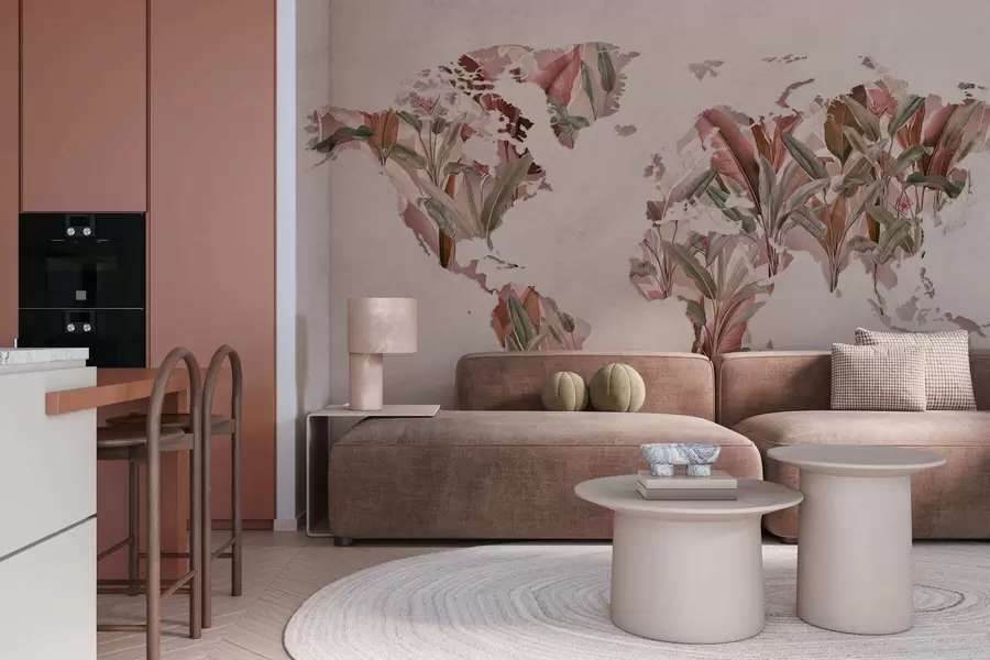 Papier peint photo Une carte du monde rose réalisée à partir de feuilles de bananier c00007v2