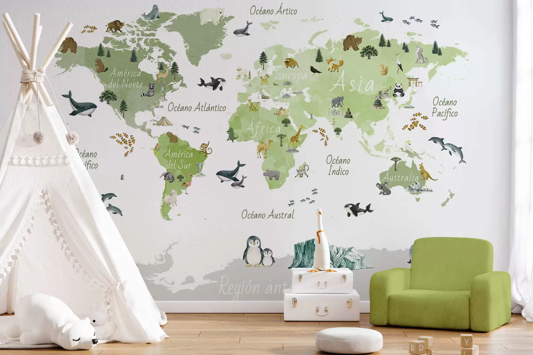 Fotobehang Een groene kaart in aquarelstijl met dieren, planten en architectuur. Bijschriften in het Spaans c00009esv2