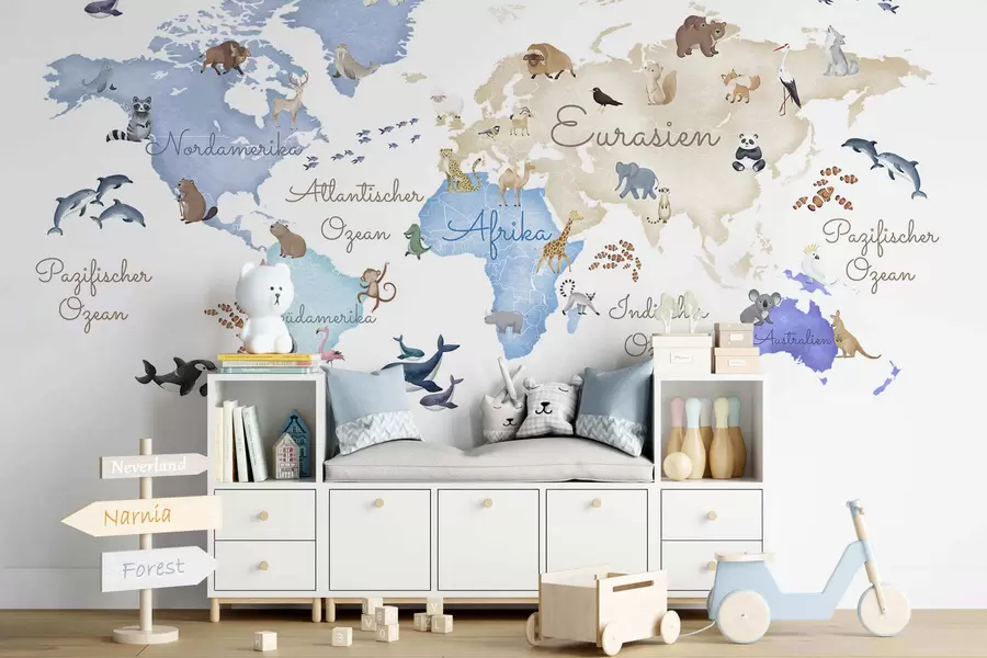 Fotobehang Een blauwe kaart in aquarelstijl met dieren. Opschriften in het Duits c00012dev1