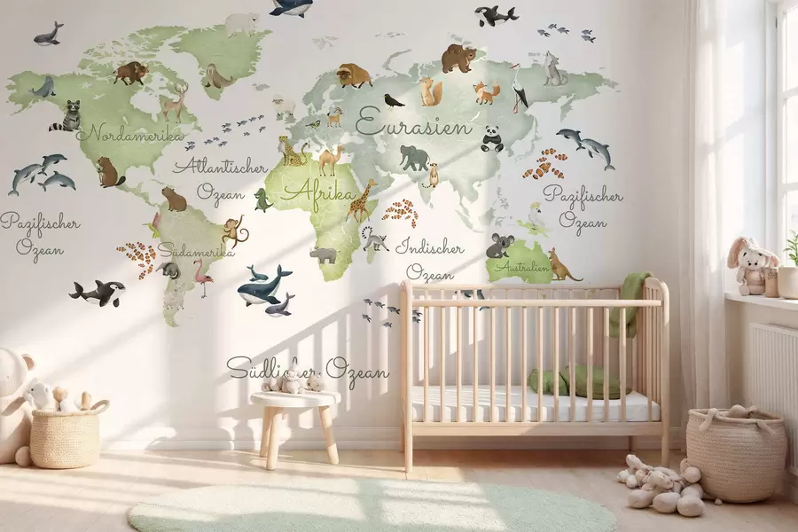 Fotobehang Een groene kaart in aquarelstijl met dieren. Opschriften in het Duits c00012dev2