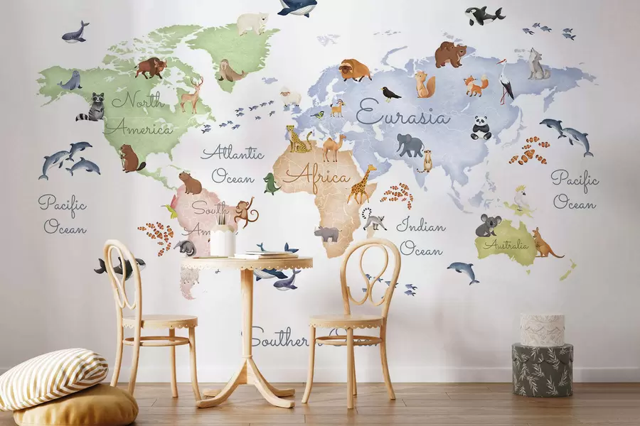Fotobehang Een kleurenkaart in aquarelstijl met dieren. Bijschriften in het Engels c00012en