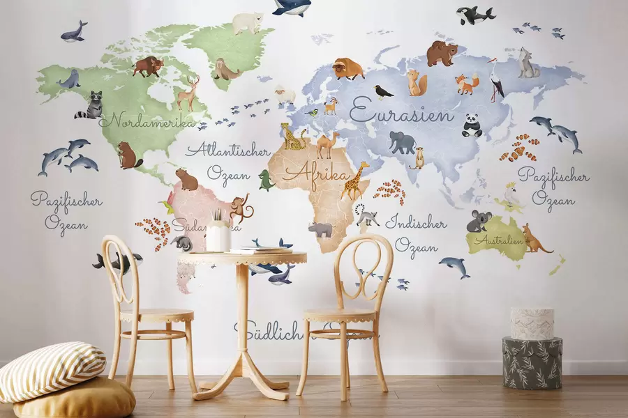 Fotobehang Een witte kaart in aquarelstijl met dieren. Opschriften in het Duits c00012de