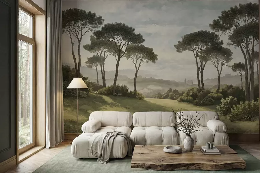 Fotobehang Landschap met bomen, een weide en mist in de verte w05122v1