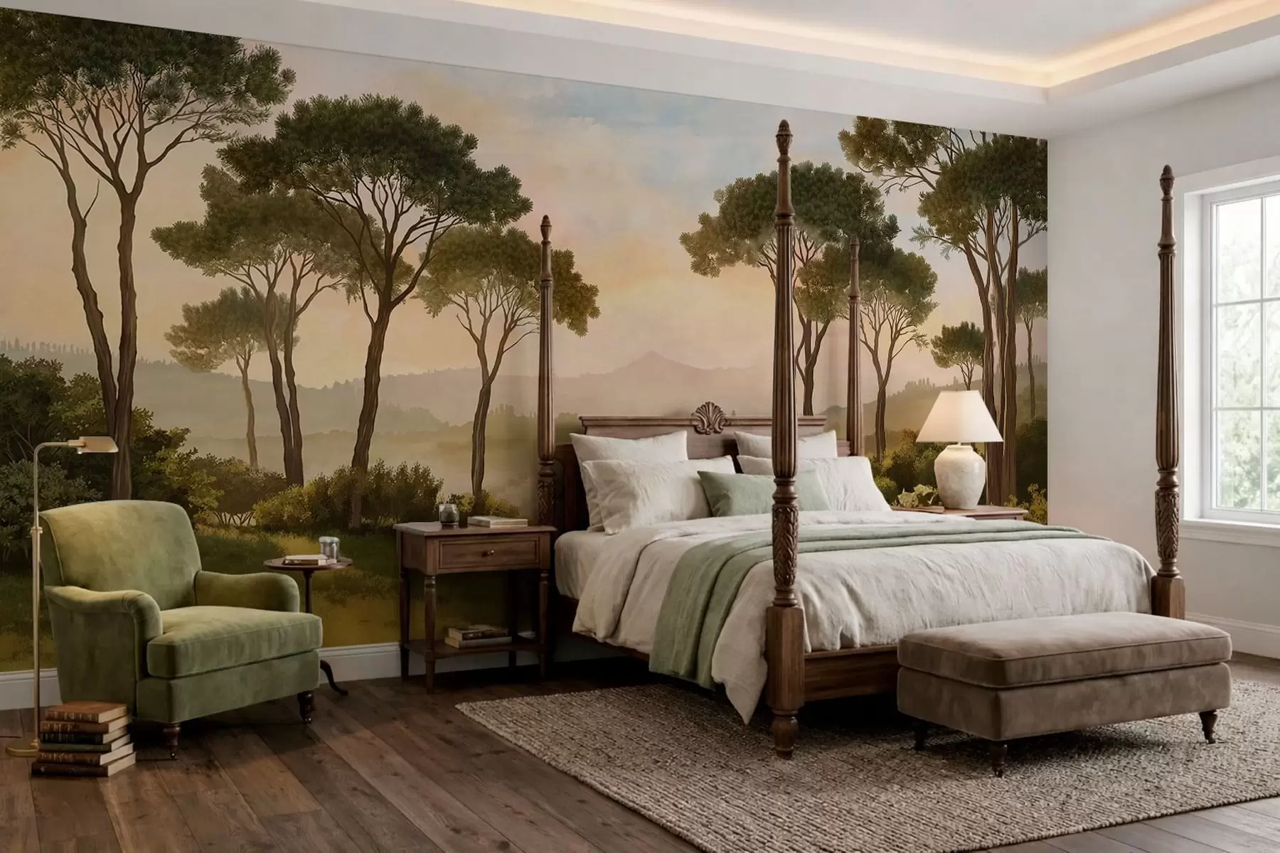 Fotobehang Landschap met bomen in het warme licht van de zonsondergang w05122