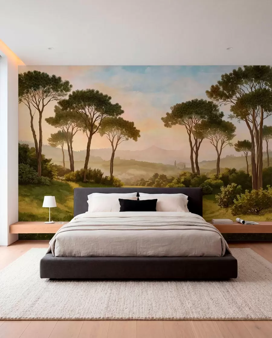 Fotobehang Landschap met bomen in het warme licht van de zonsondergang w05122