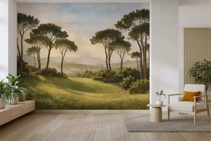 Fotobehang Landschap met bomen in het warme licht van de zonsondergang w05122