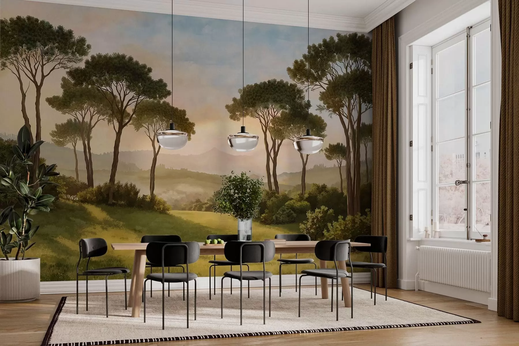 Papier peint photo Paysage avec des arbres baignés dans la lumière chaude du coucher de soleil w05122