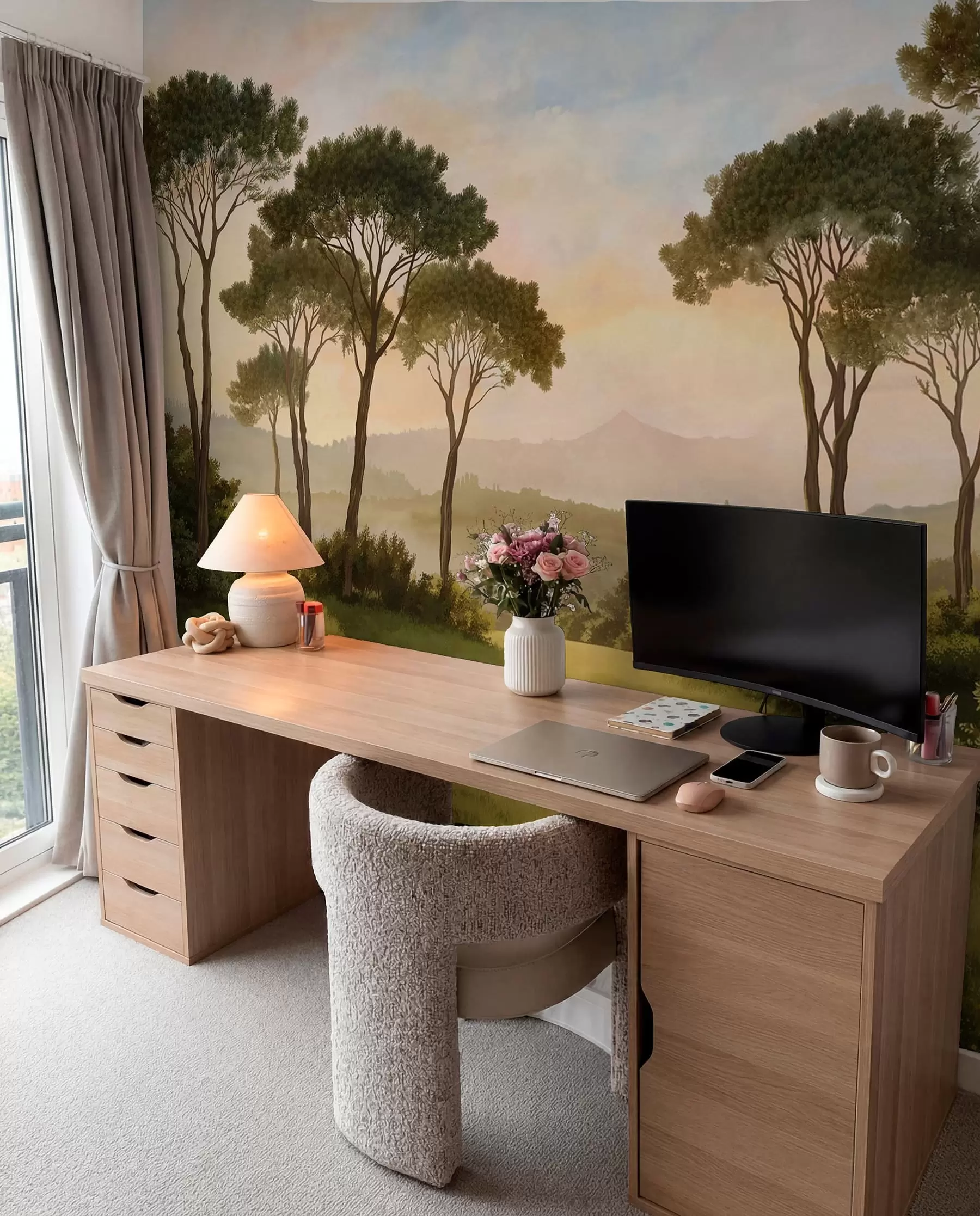Fotobehang Landschap met bomen in het warme licht van de zonsondergang w05122