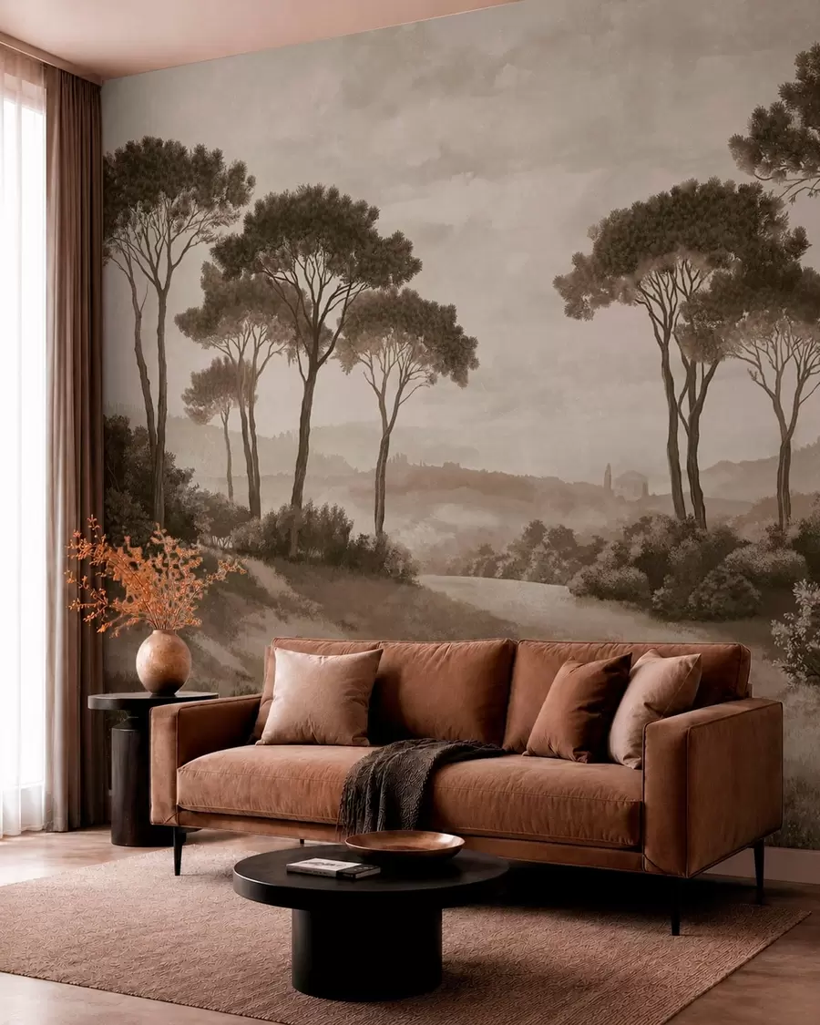 Fotobehang Landschap met bomen in vintage sepia-tinten w05122v2