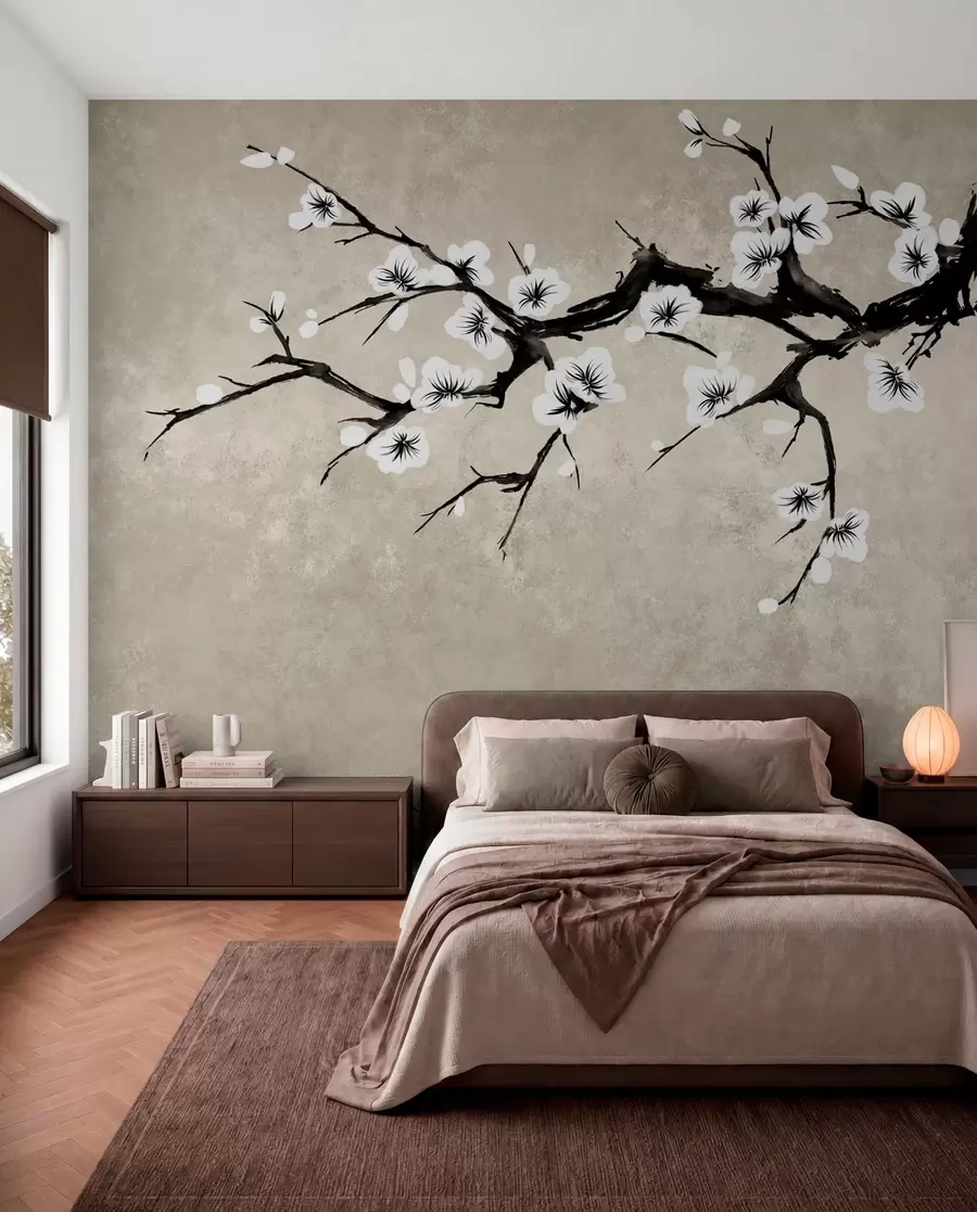 Papier peint photo Branche fleurie de blanc, dans un style minimaliste w05425