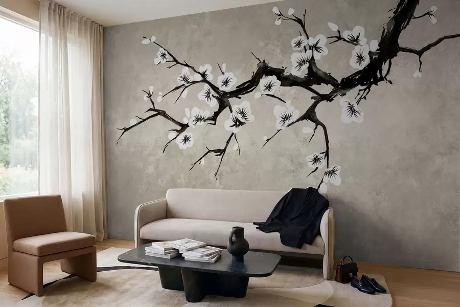 Papier peint photo Branche fleurie de blanc, dans un style minimaliste w05425