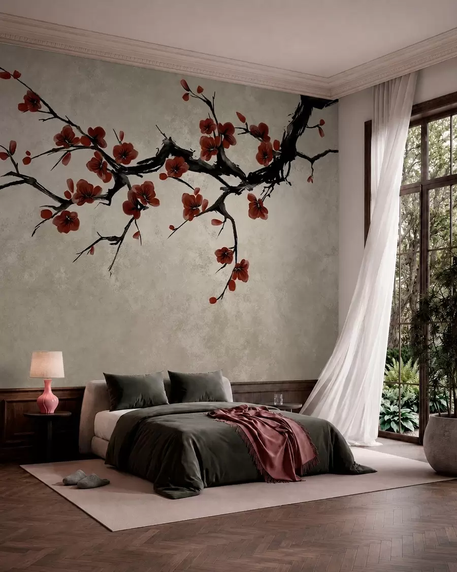 Papier peint photo Branche aux fleurs rouge foncé sur fond neutre w05425v1