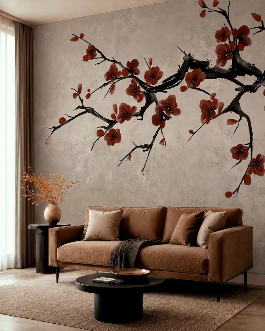 Papier peint photo Branche aux fleurs rouge foncé sur fond neutre w05425v1