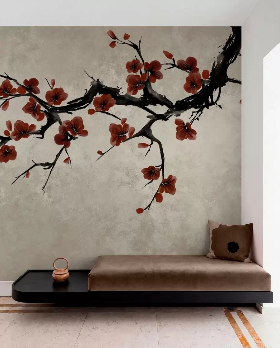 Papier peint photo Branche aux fleurs rouge foncé sur fond neutre w05425v1