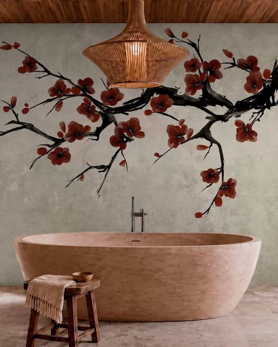 Fotobehang Tak met donkerrode bloesems tegen een neutrale achtergrond w05425v1