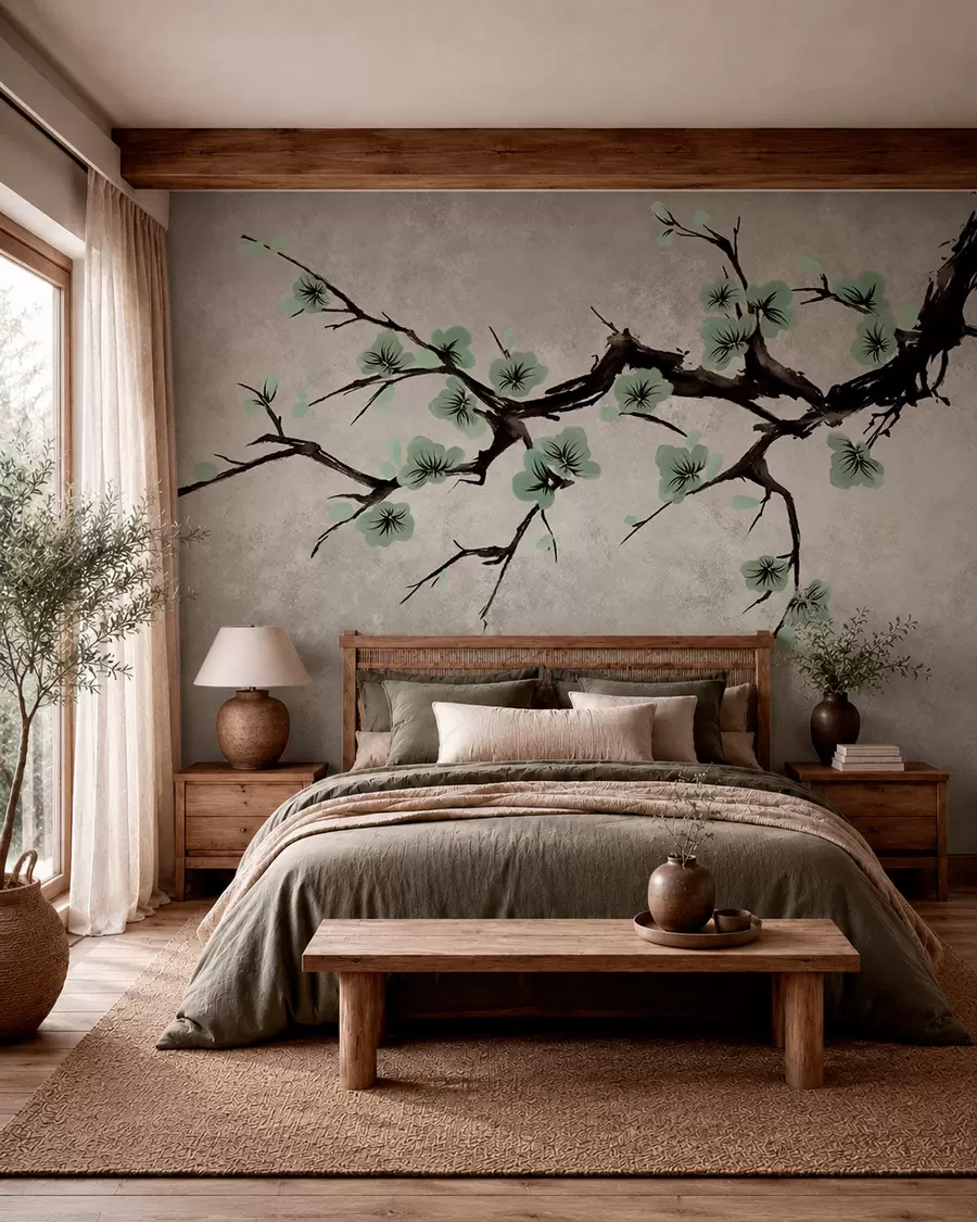 Fotobehang Tak met groene bloesems in rustige tinten w05425v2
