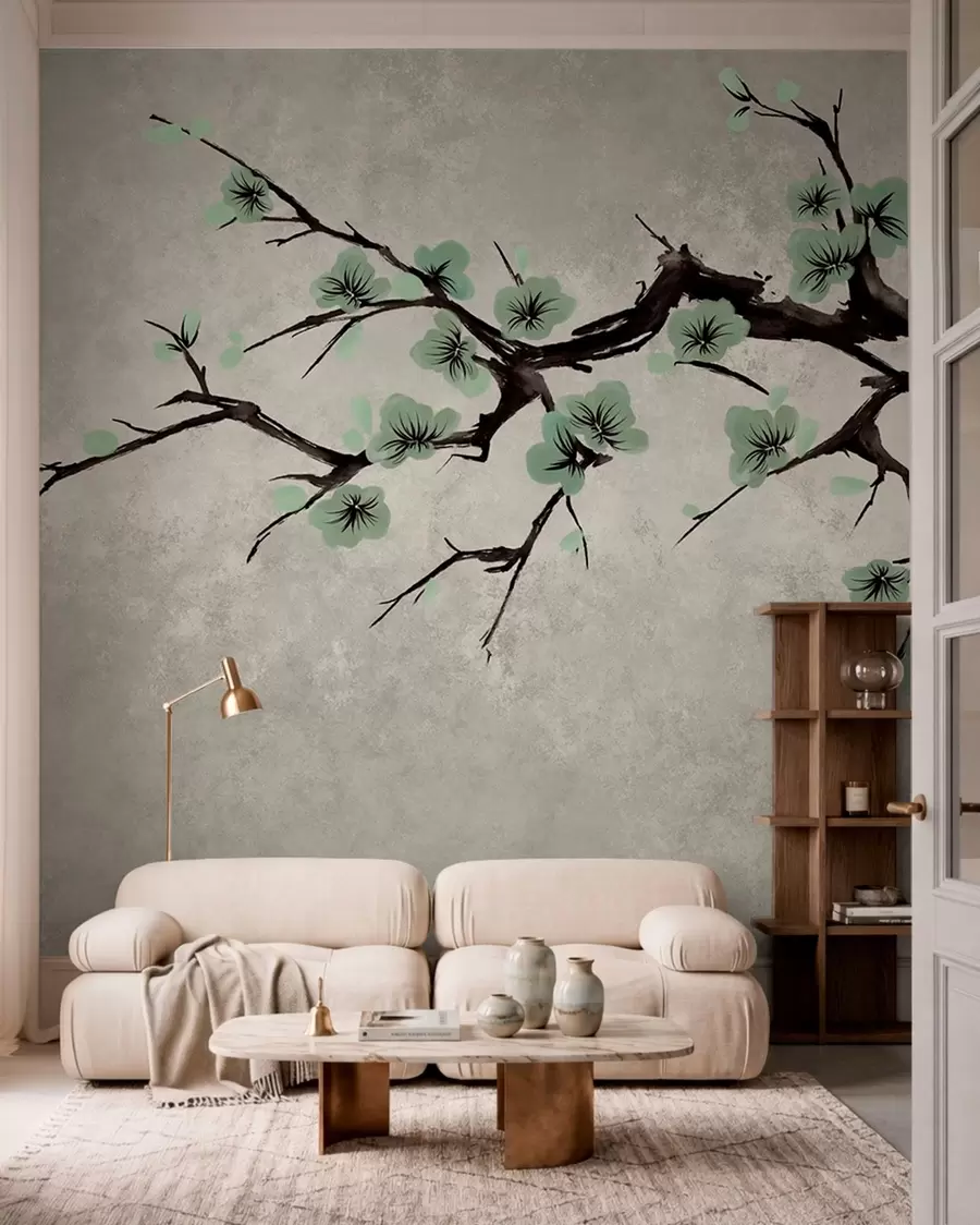 Fotobehang Tak met groene bloesems in rustige tinten w05425v2