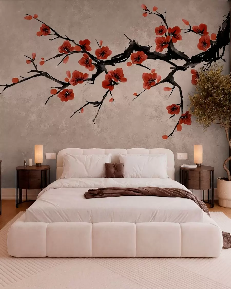 Papier peint photo Branche fleurie de style oriental sur fond beige w05425v4