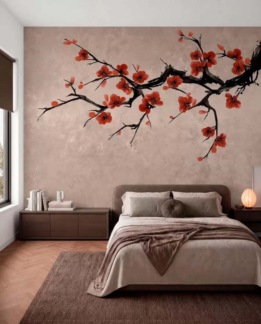Papier peint photo Branche fleurie de style oriental sur fond beige w05425v4