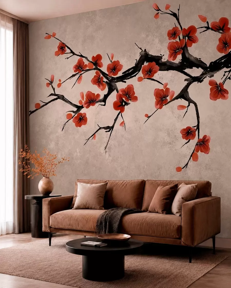 Fotobehang Bloesemtak in oosterse stijl op een beige achtergrond w05425v4