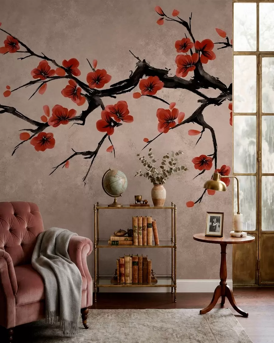 Papier peint photo Branche fleurie de style oriental sur fond beige w05425v4