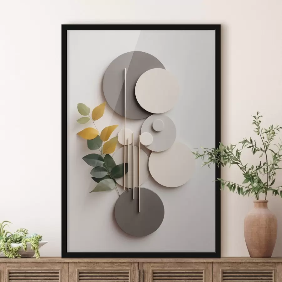 Papier peint photo Cercles géométriques accompagnés d'une branche feuillue verte f48598