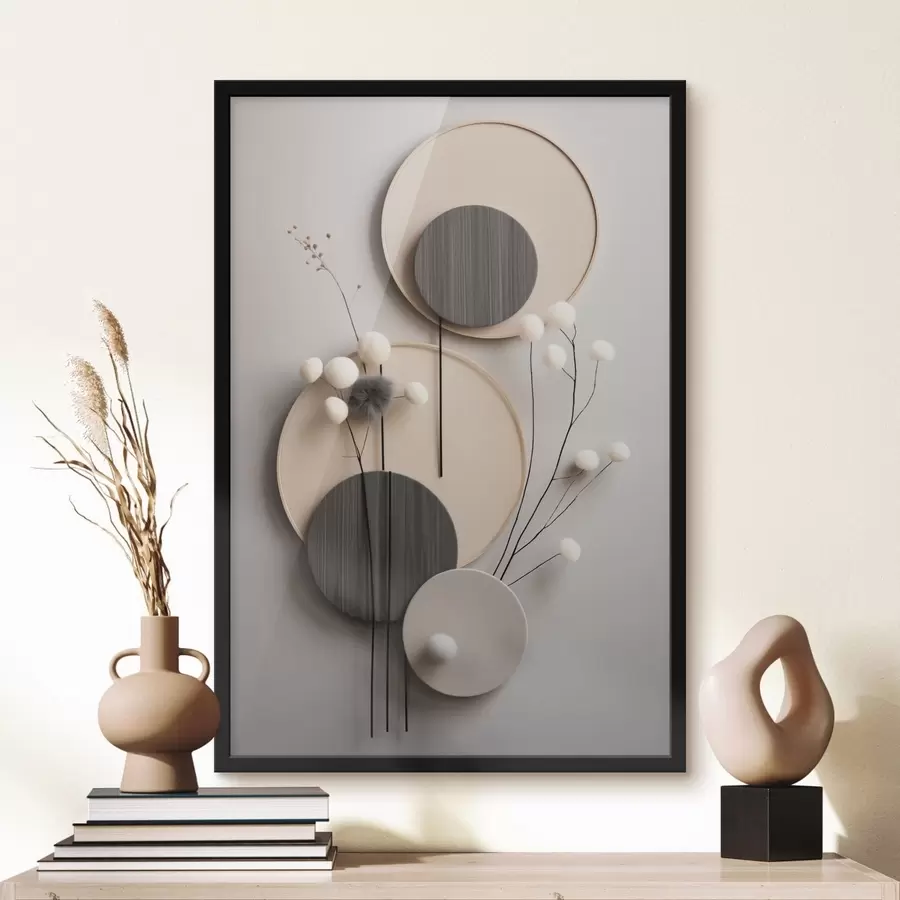 Papier peint photo Panneaux ronds ornés de brindilles sèches et de boules moelleuses f48601