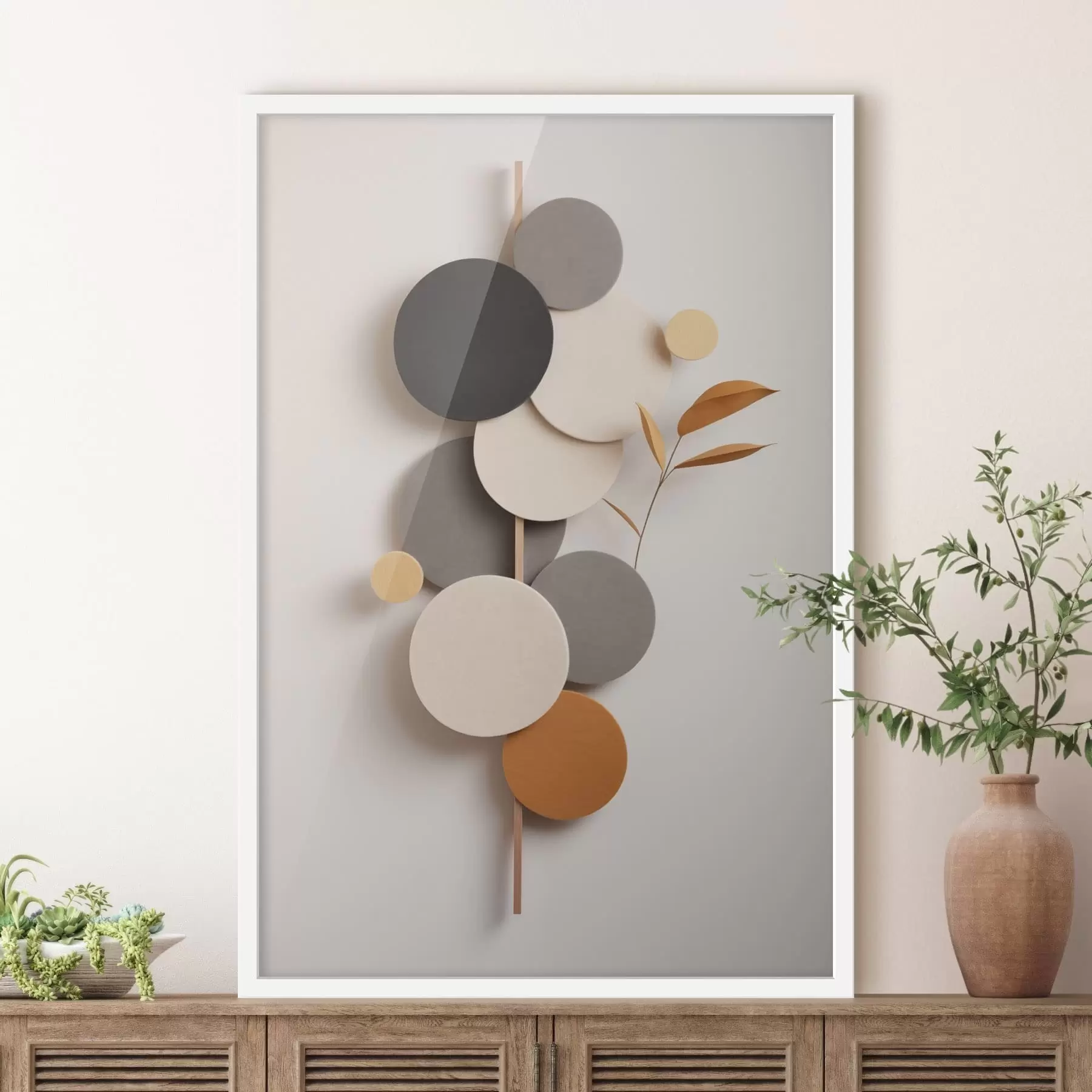 Papier peint photo Cercles abstraits avec des feuilles dans des tons neutres f48602