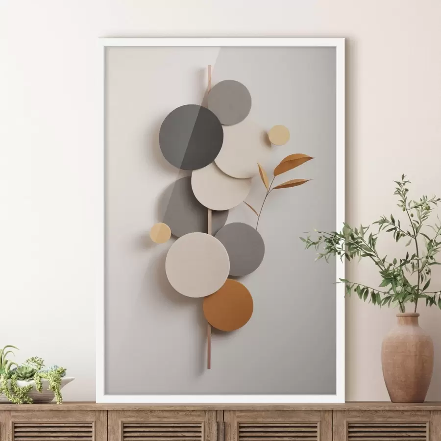 Papier peint photo Cercles abstraits avec des feuilles dans des tons neutres f48602