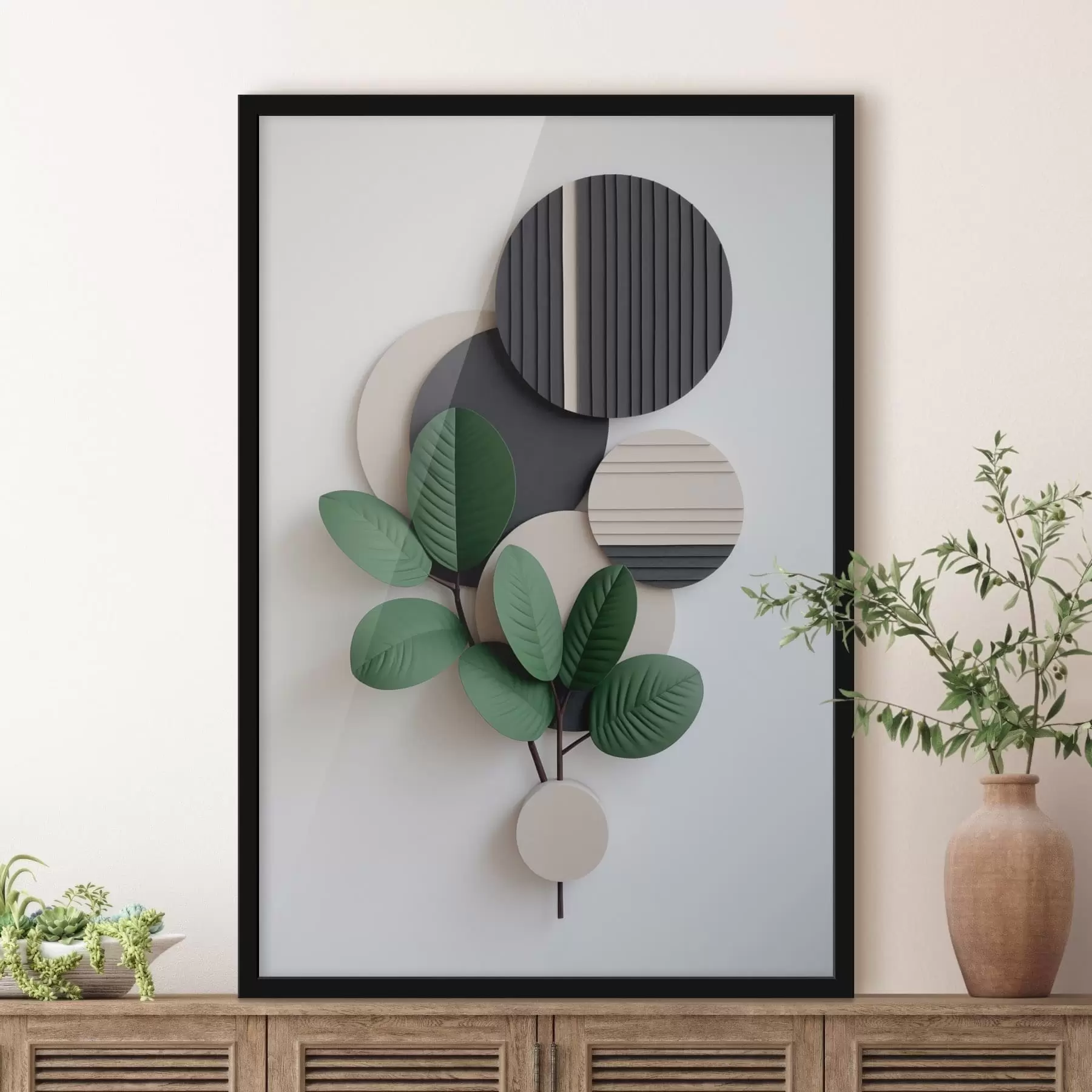 Papier peint photo Feuilles vertes avec des éléments ronds en relief f48603