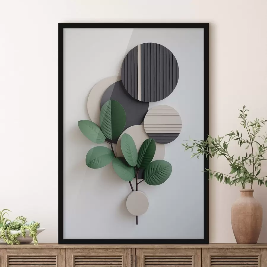 Papier peint photo Feuilles vertes avec des éléments ronds en relief f48603