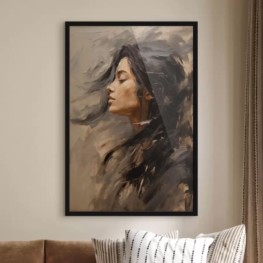 Papier peint photo Profil féminin rendu par des touches picturales, dans des tons chauds f48621