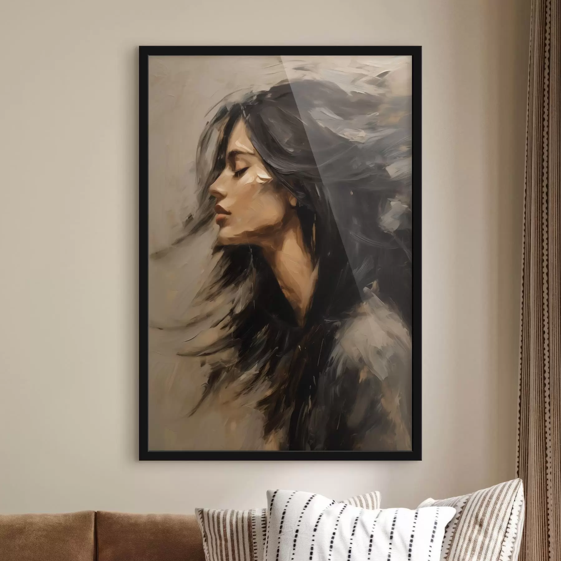 Fotobehang Portret van een vrouw met golvend haar in schilderachtige stijl f48622