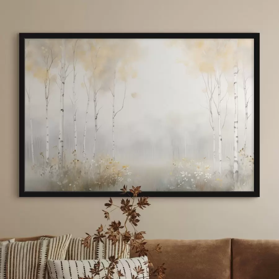 Papier peint photo Une forêt d'arbres élancés dans la brume, dans des tons clairs et doux f48623